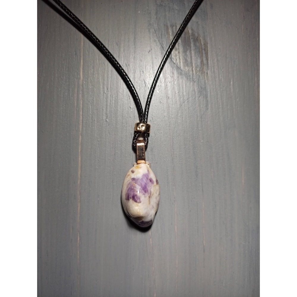 Banded Amethyst Stone Pendant Necklace Black Waxed Cord Rose Gold Tone 16.5in